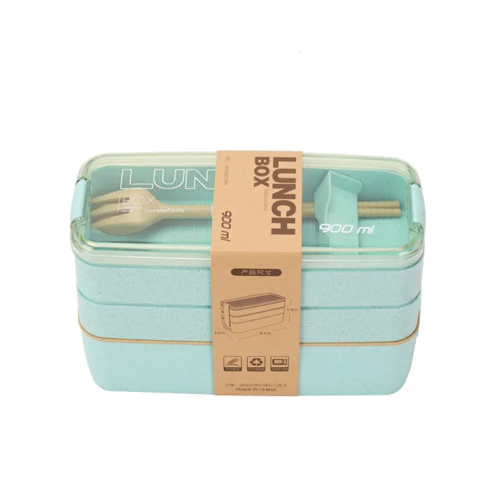 Eco-Friendly Wheat Straw Bento Lunch Box | 3-Layer Microwave Safe Food Storage Container with Spoon/Chopsticks | Leakproof & Portable