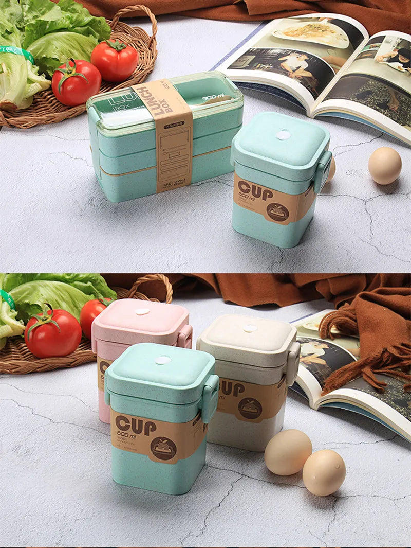 Eco-Friendly Wheat Straw Bento Lunch Box | 3-Layer Microwave Safe Food Storage Container with Spoon/Chopsticks | Leakproof & Portable