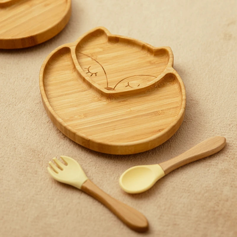 Eco-Friendly Baby Bamboo Plate Set | Non-Slip Suction | Cute Cartoon Design for Self-Feeding