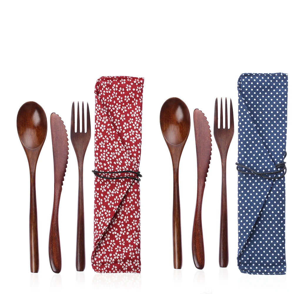 Reusable Wooden Cutlery Set | Eco-Friendly Bamboo Flatware with Travel Pouch