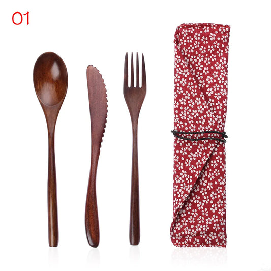 Reusable Wooden Cutlery Set | Eco-Friendly Bamboo Flatware with Travel Pouch