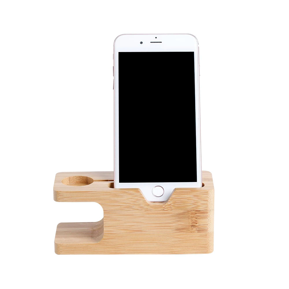 Bamboo Wood Stand – 2-in-1 Desk Organizer for iPhone & Apple Watch | Sturdy & Elegant Docking Station