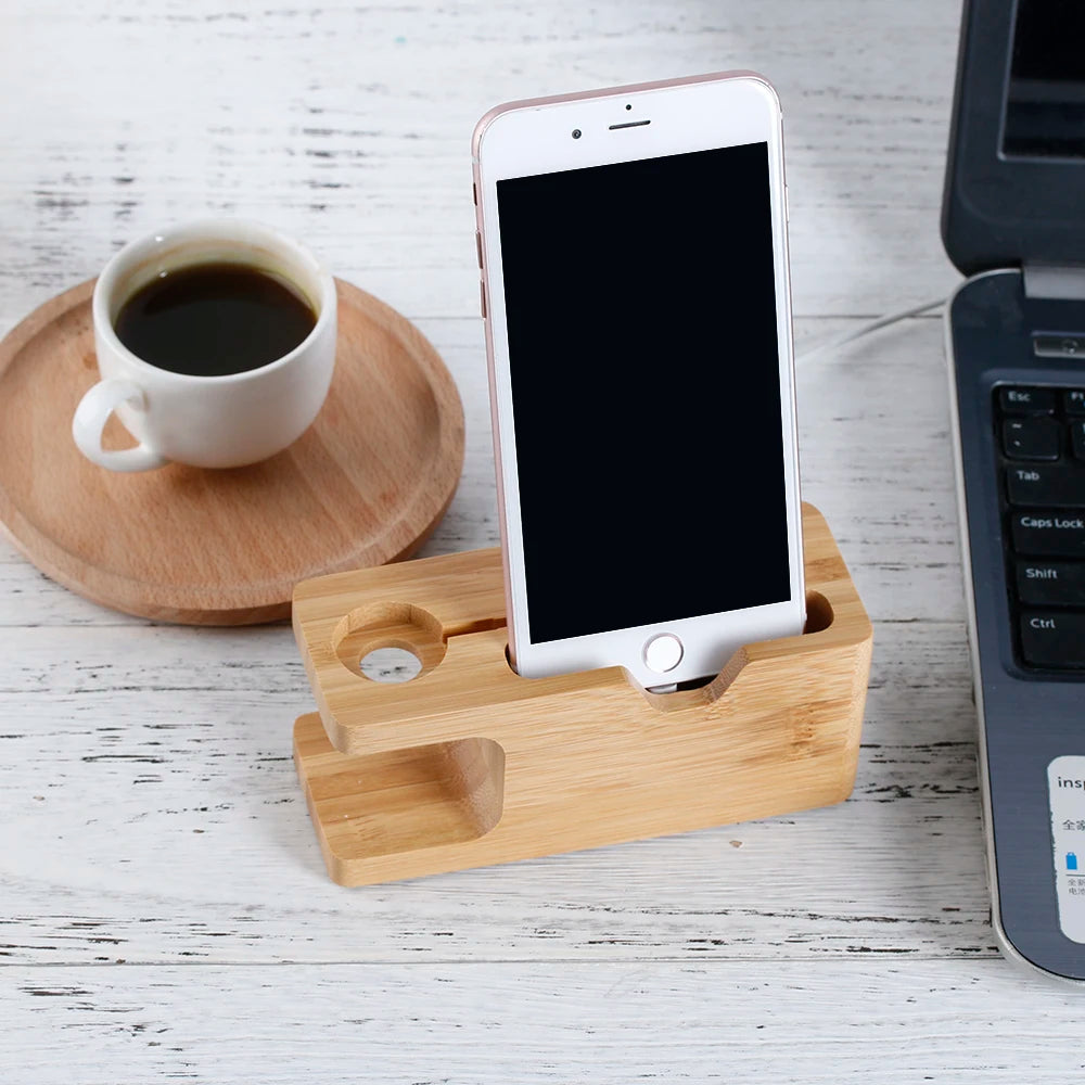 Bamboo Wood Stand – 2-in-1 Desk Organizer for iPhone & Apple Watch | Sturdy & Elegant Docking Station