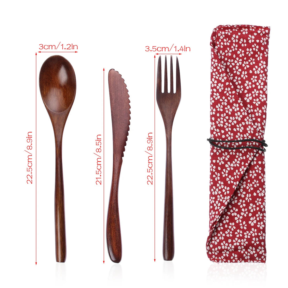 Reusable Wooden Cutlery Set | Eco-Friendly Bamboo Flatware with Travel Pouch