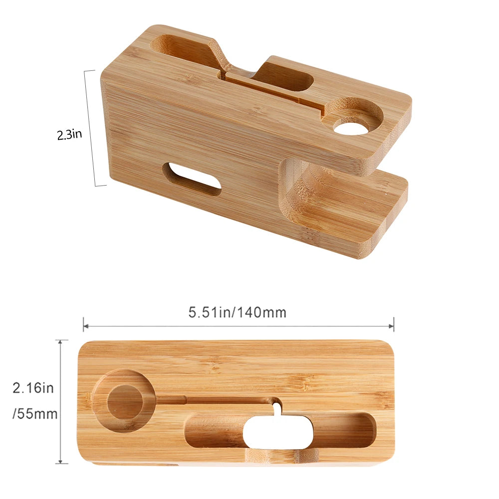 Bamboo Wood Stand – 2-in-1 Desk Organizer for iPhone & Apple Watch | Sturdy & Elegant Docking Station