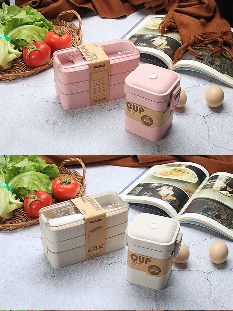 Eco-Friendly Wheat Straw Bento Lunch Box | 3-Layer Microwave Safe Food Storage Container with Spoon/Chopsticks | Leakproof & Portable