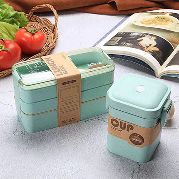 Eco-Friendly Wheat Straw Bento Lunch Box | 3-Layer Microwave Safe Food Storage Container with Spoon/Chopsticks | Leakproof & Portable