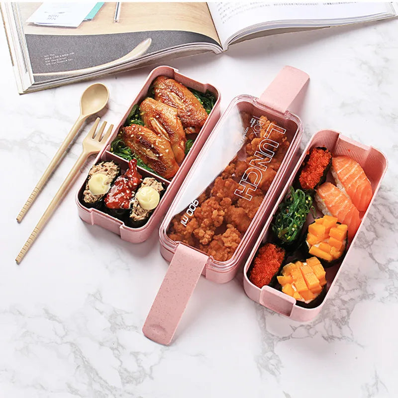 Eco-Friendly Wheat Straw Bento Lunch Box | 3-Layer Microwave Safe Food Storage Container with Spoon/Chopsticks | Leakproof & Portable