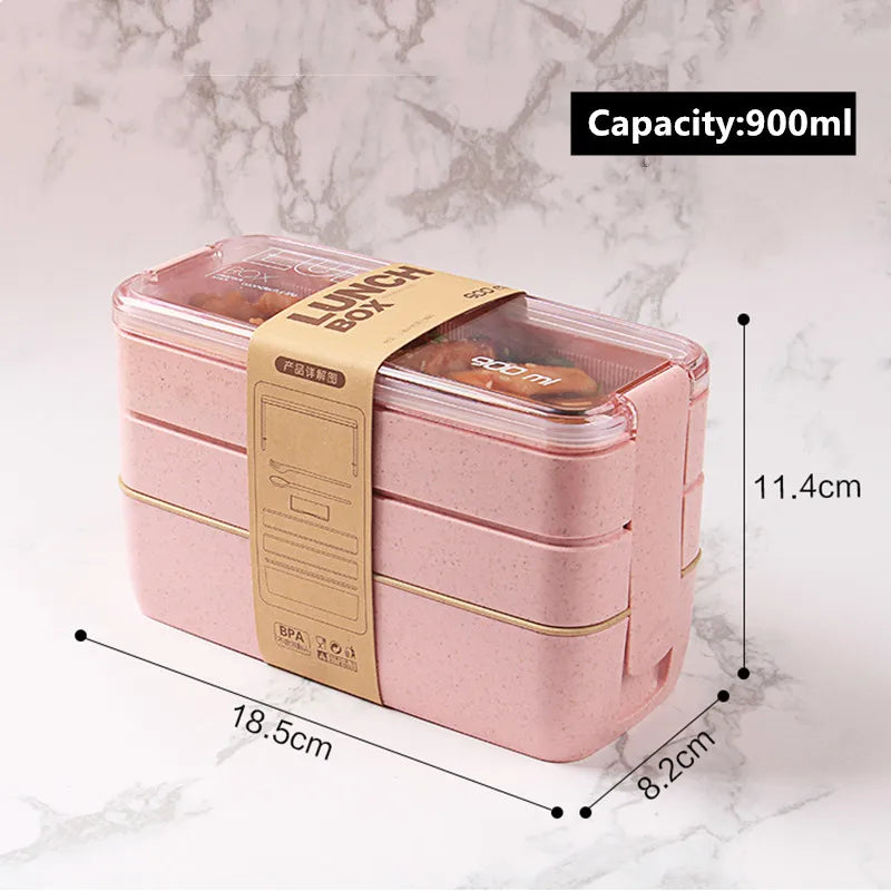 Eco-Friendly Wheat Straw Bento Lunch Box | 3-Layer Microwave Safe Food Storage Container with Spoon/Chopsticks | Leakproof & Portable