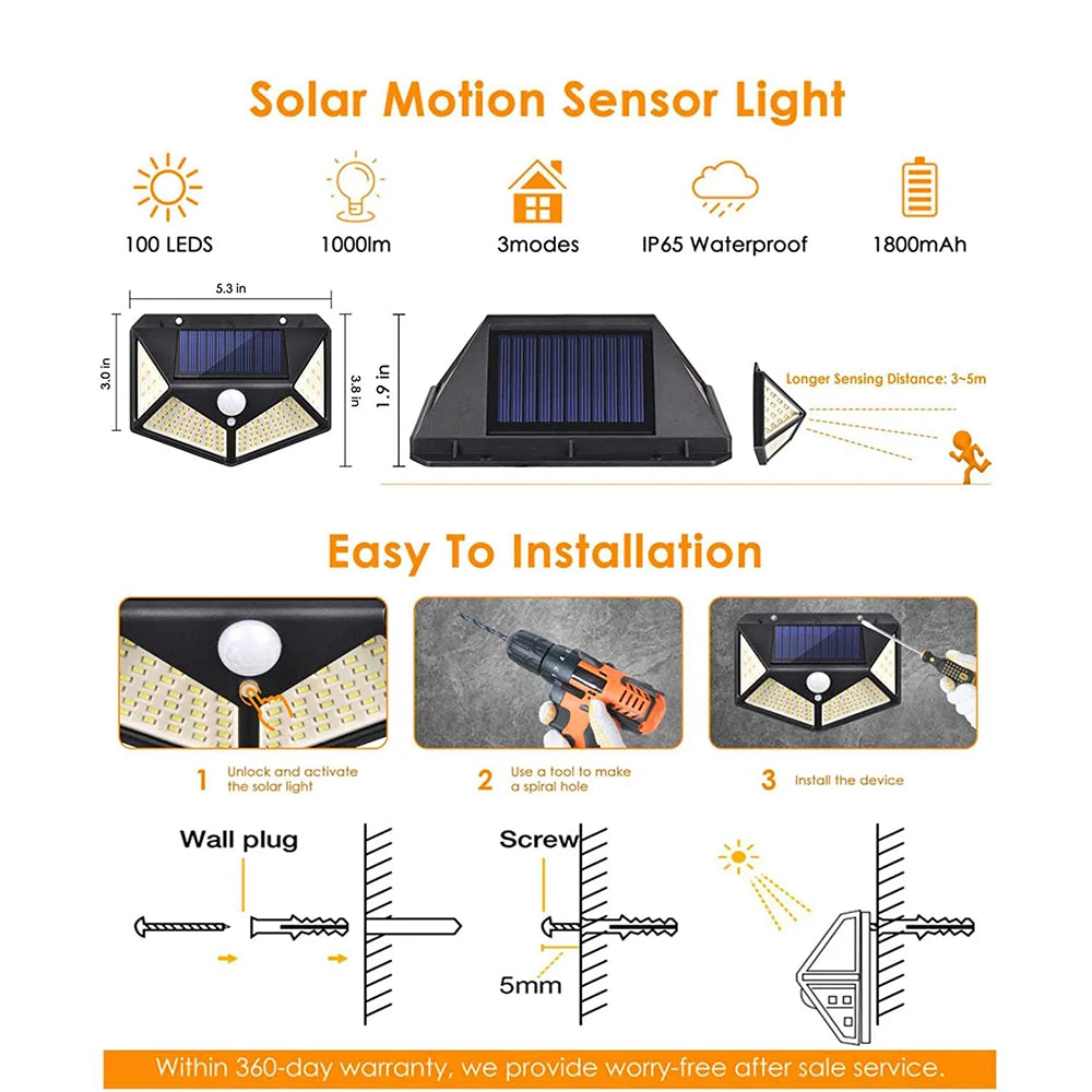 Solar Motion Sensor Light – 100 LED Ultra-Bright Outdoor Security Lamp, Waterproof, with 3 Modes