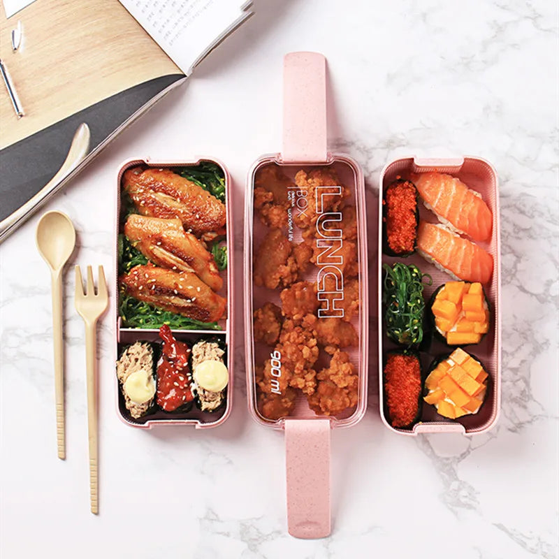 Eco-Friendly Wheat Straw Bento Lunch Box | 3-Layer Microwave Safe Food Storage Container with Spoon/Chopsticks | Leakproof & Portable