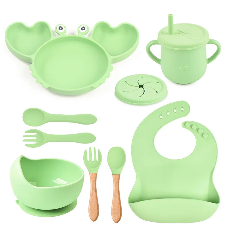 9-Piece Baby Silicone Feeding Set | BPA-Free Non-Slip Suction Bowl & Plate | Waterproof Bib & Cup