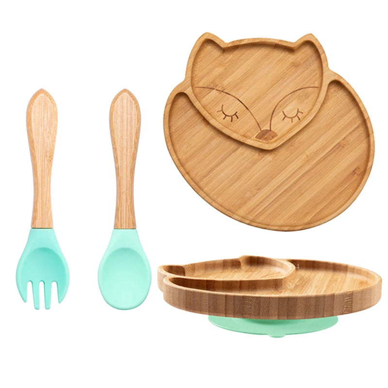 Eco-Friendly Baby Bamboo Plate Set | Non-Slip Suction | Cute Cartoon Design for Self-Feeding