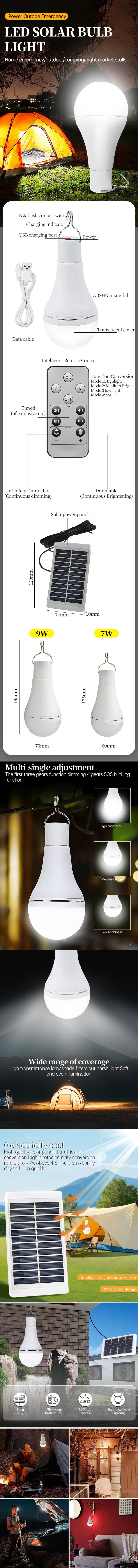 LED Solar Bulb Light – Outdoor Solar Lamp with Dimmable Brightness, Remote Control, Emergency SOS, Waterproof, Portable Camping Lantern & Power Bank