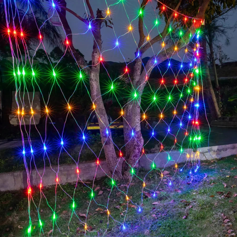 Solar LED Net Mesh String Lights - 8 Modes, Waterproof Christmas Garland for Holiday Decor, Wedding & Party Lights, 20m, Multicolor, Warm White, Blue