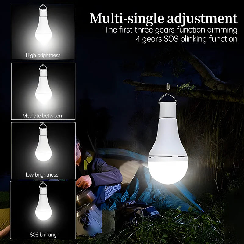 LED Solar Bulb Light – Outdoor Solar Lamp with Dimmable Brightness, Remote Control, Emergency SOS, Waterproof, Portable Camping Lantern & Power Bank