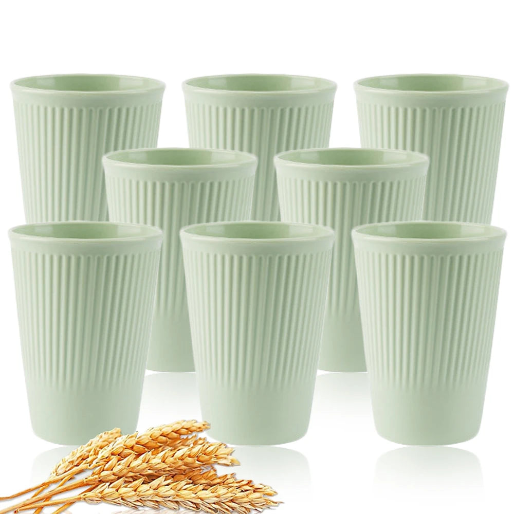 8Pcs Wheat Straw Coffee & Water Cups – Eco-Friendly Reusable Plastic Mugs for Home & Travel