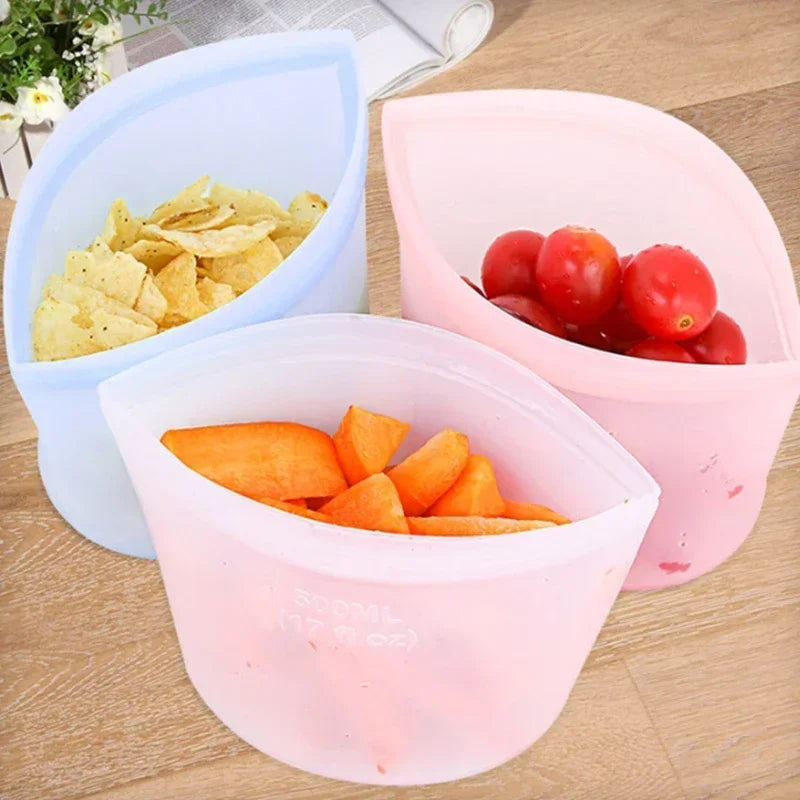 Reusable Silicone Food Storage Bags | Double Gauge Zipper Leakproof | High Temperature Resistant, Flexible & Non-Cracking | 500ml/1000ml | Eco-Friendly Fresh-keeping Bags for Kitchen Storage