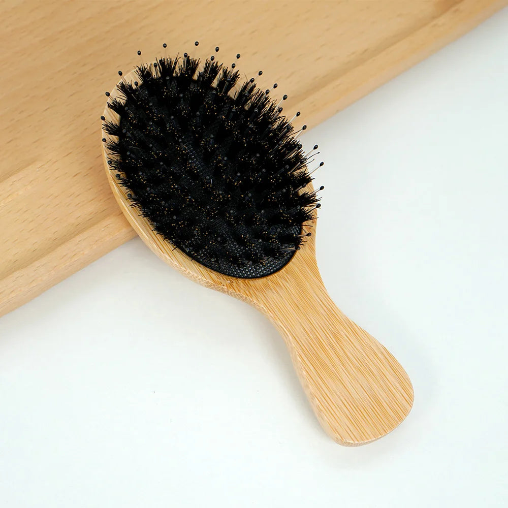 Natural Bamboo Hair Brush – Boar Bristle & Wooden Air Cushion Comb | Eco-Friendly Detangler for Smooth & Healthy Hair