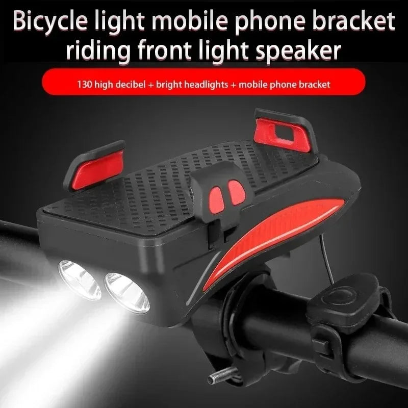 4-in-1 Solar Bike Light – Phone Holder, 130dB Horn, Power Bank & Waterproof LED Headlight