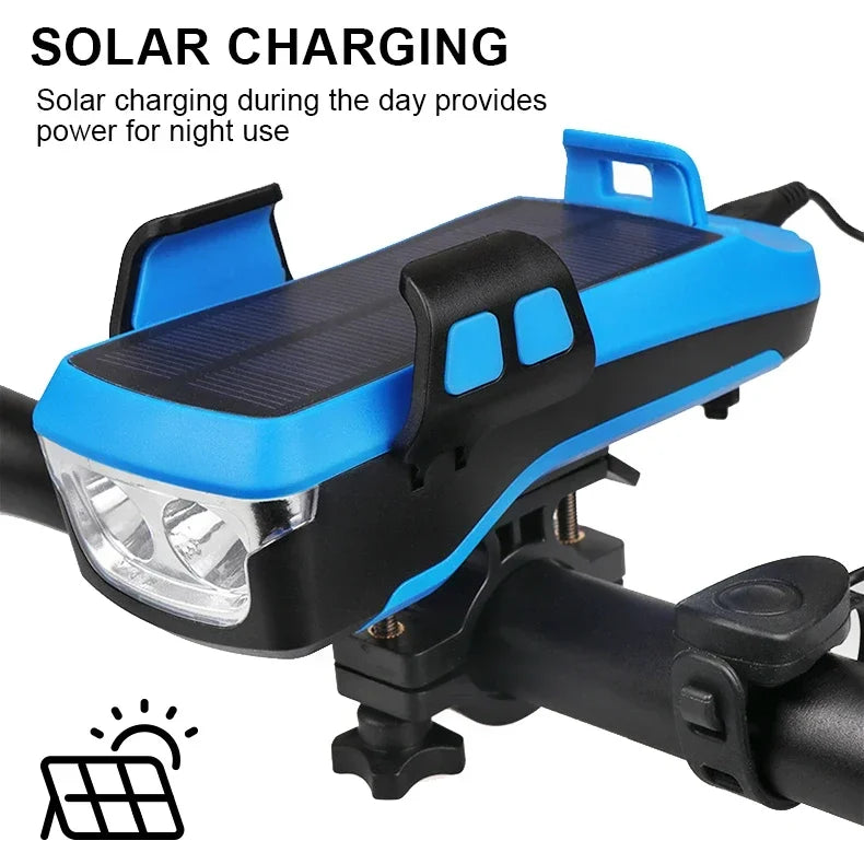 4-in-1 Solar Bike Light – Phone Holder, 130dB Horn, Power Bank & Waterproof LED Headlight