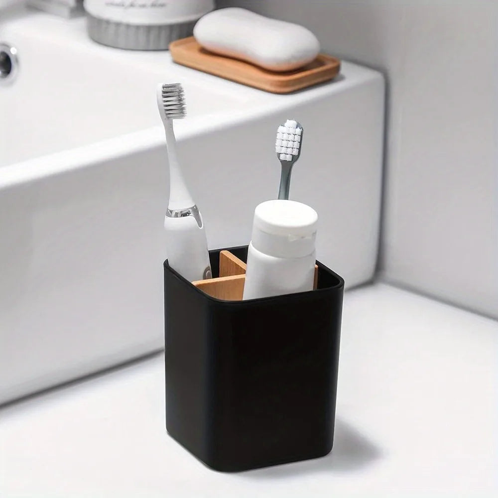 Eco-Friendly Bamboo Toothbrush Holder | 3-Slot Toothpaste & Brush Organizer | Bathroom Counter Storage