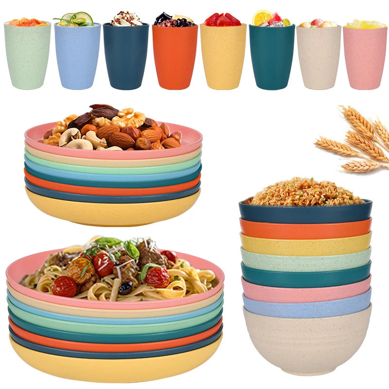 Eco-Friendly 8-Piece Wheat Straw Tableware Set | BPA-Free, Reusable Dinner Plates, Bowls & Cups | Microwave & Dishwasher Safe