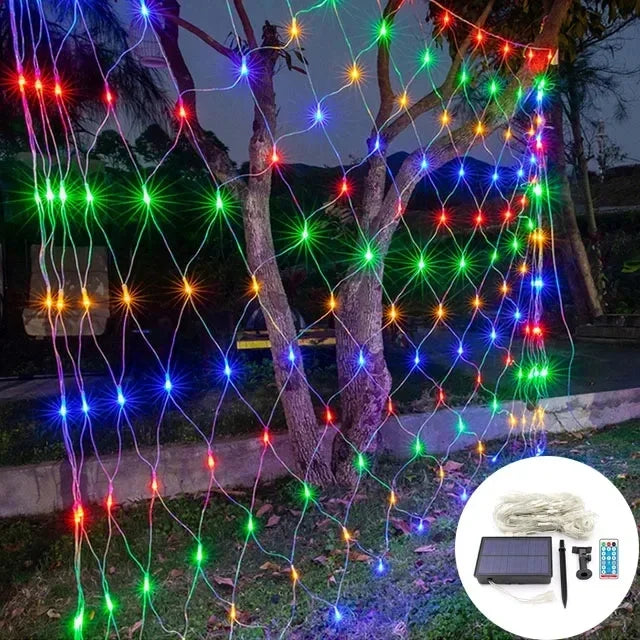 Solar LED Net Mesh String Lights - 8 Modes, Waterproof Christmas Garland for Holiday Decor, Wedding & Party Lights, 20m, Multicolor, Warm White, Blue