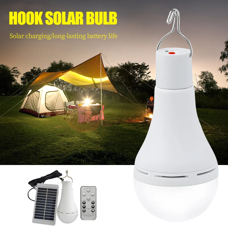 LED Solar Bulb Light – Outdoor Solar Lamp with Dimmable Brightness, Remote Control, Emergency SOS, Waterproof, Portable Camping Lantern & Power Bank