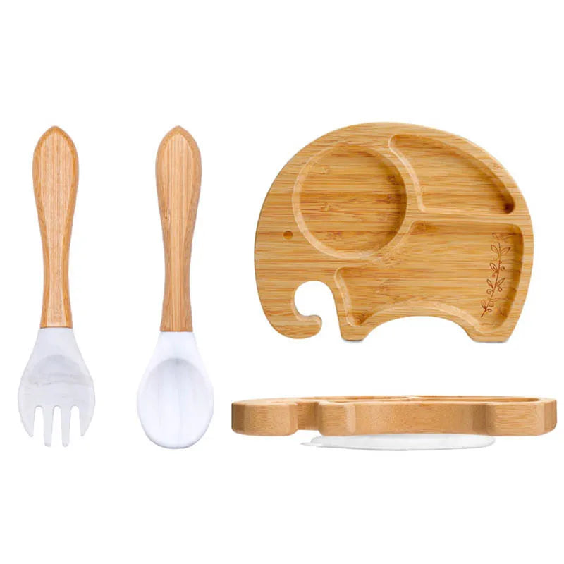 Eco-Friendly Baby Bamboo Plate Set | Non-Slip Suction | Cute Cartoon Design for Self-Feeding