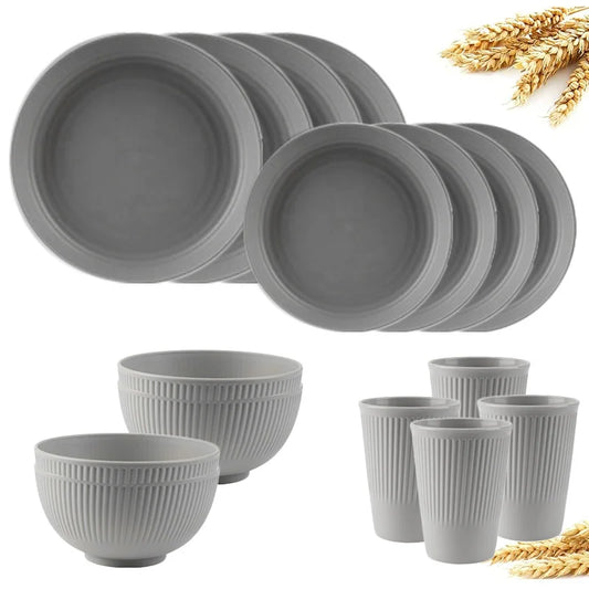 Grey Wheat Straw Cutlery Set | Eco-Friendly 4Pcs/16Pcs Bowl, Cup, and Dish Set | Portable Tableware for Picnic & Camping | Sustainable Dining