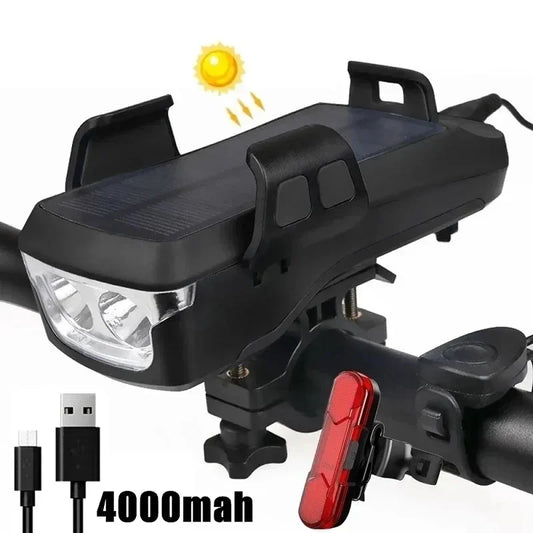 4-in-1 Solar Bike Light – Phone Holder, 130dB Horn, Power Bank & Waterproof LED Headlight