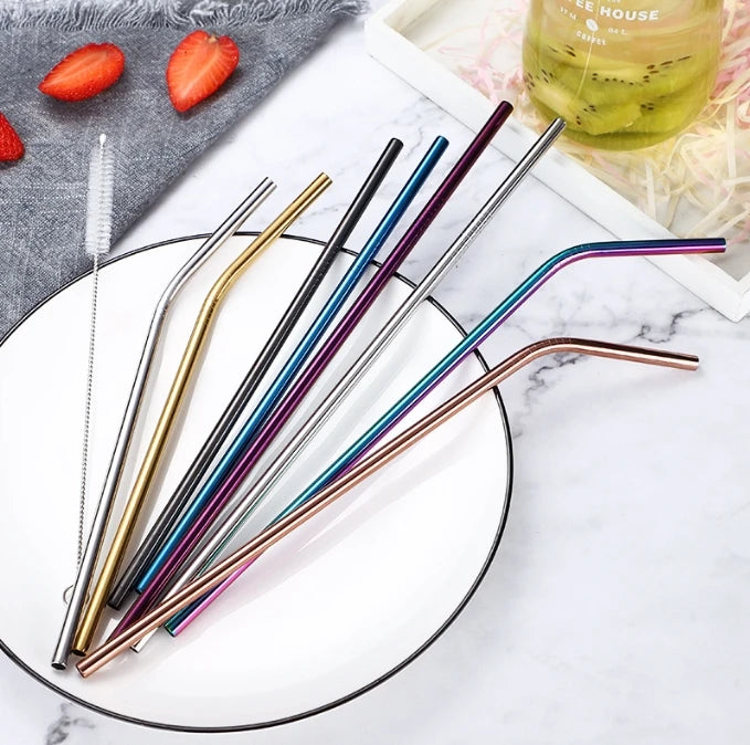 6PCS Reusable Stainless Steel Straws | 304 Metal Drinking Straws | Straight & Bent with Cleaning Brush & Case | Eco-Friendly Bar & Party Accessory