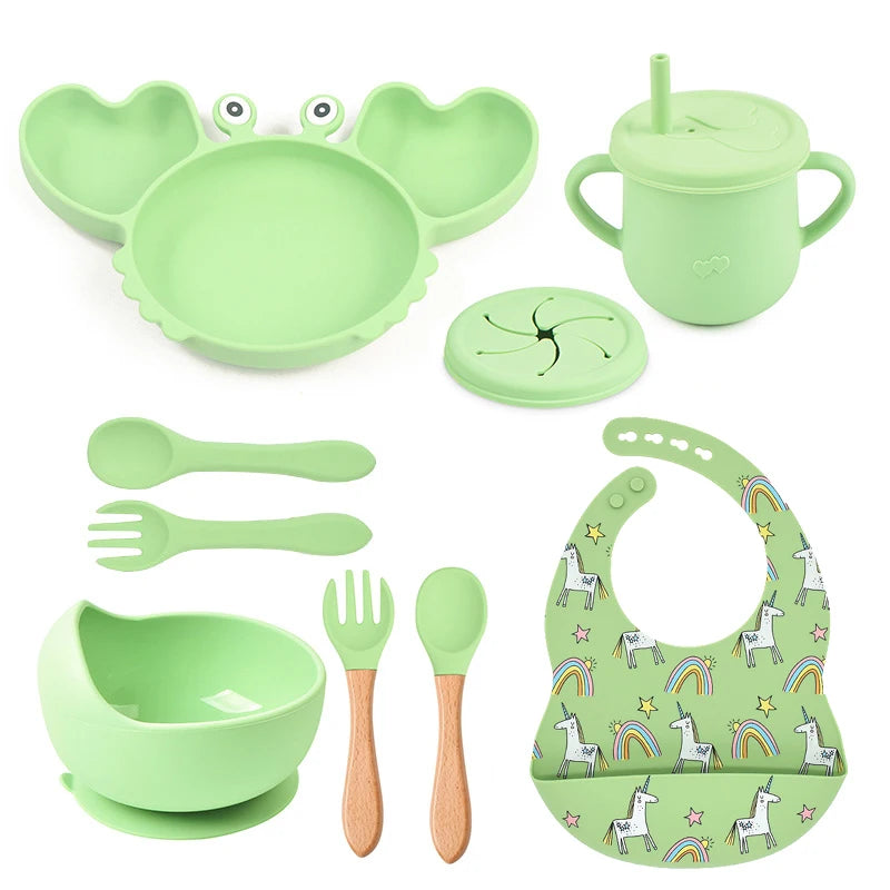 9-Piece Baby Silicone Feeding Set | BPA-Free Non-Slip Suction Bowl & Plate | Waterproof Bib & Cup