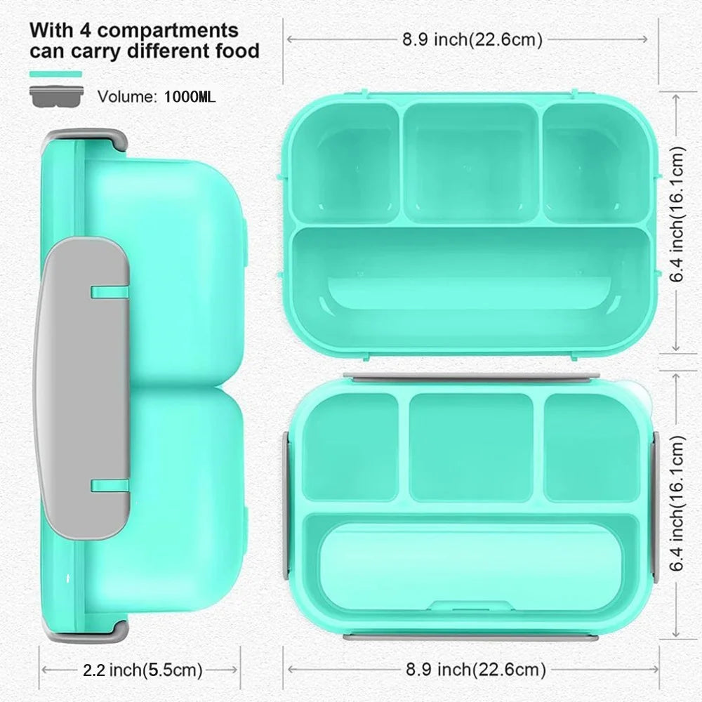 Eco-Friendly 1000ml Leakproof Bento Lunch Box | Microwave Safe with Spoon & Chopsticks | Food Grade PP | Thermal Insulation | 4 Compartment Design | Reusable Lunch Container