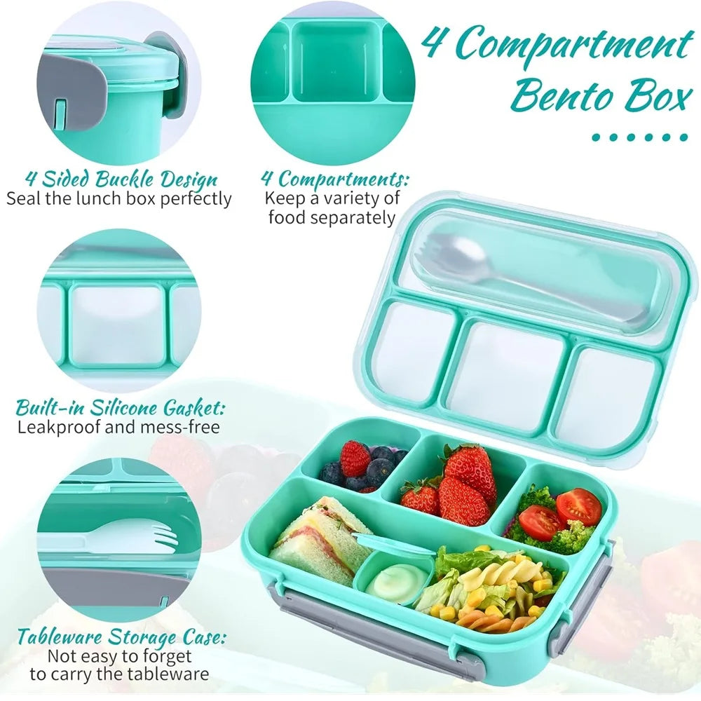 Eco-Friendly 1000ml Leakproof Bento Lunch Box | Microwave Safe with Spoon & Chopsticks | Food Grade PP | Thermal Insulation | 4 Compartment Design | Reusable Lunch Container