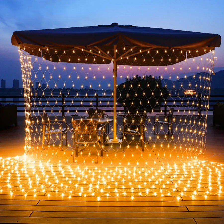 Solar LED Net Mesh String Lights - 8 Modes, Waterproof Christmas Garland for Holiday Decor, Wedding & Party Lights, 20m, Multicolor, Warm White, Blue