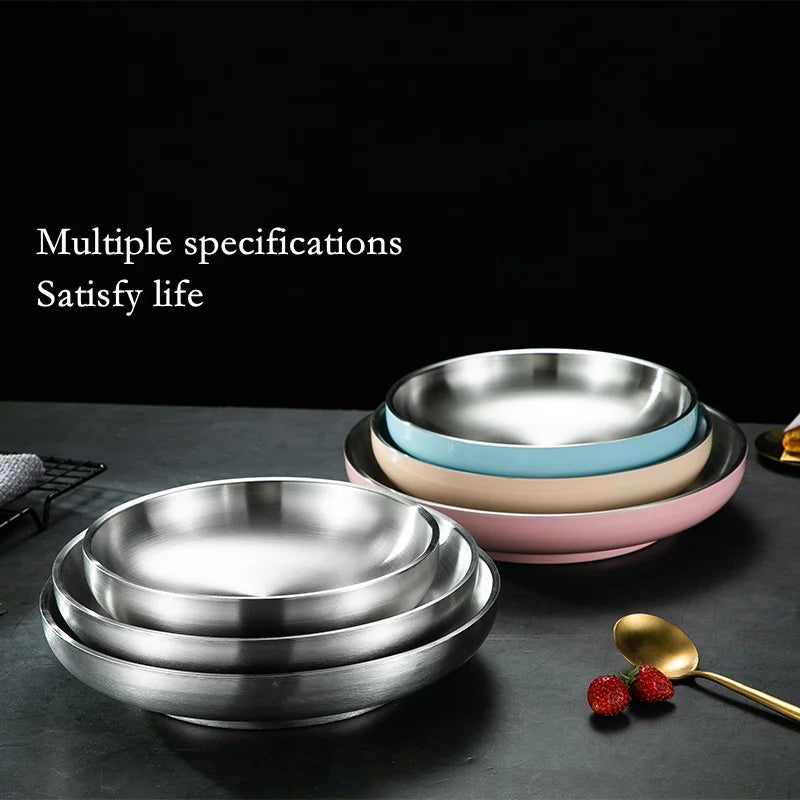 Eco-Friendly 304 Stainless Steel Double Layer Dishes Tray | Anti-Scalding Steak Plate | Fruit Plate & Tableware