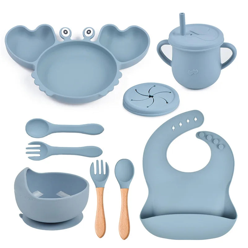 9-Piece Baby Silicone Feeding Set | BPA-Free Non-Slip Suction Bowl & Plate | Waterproof Bib & Cup