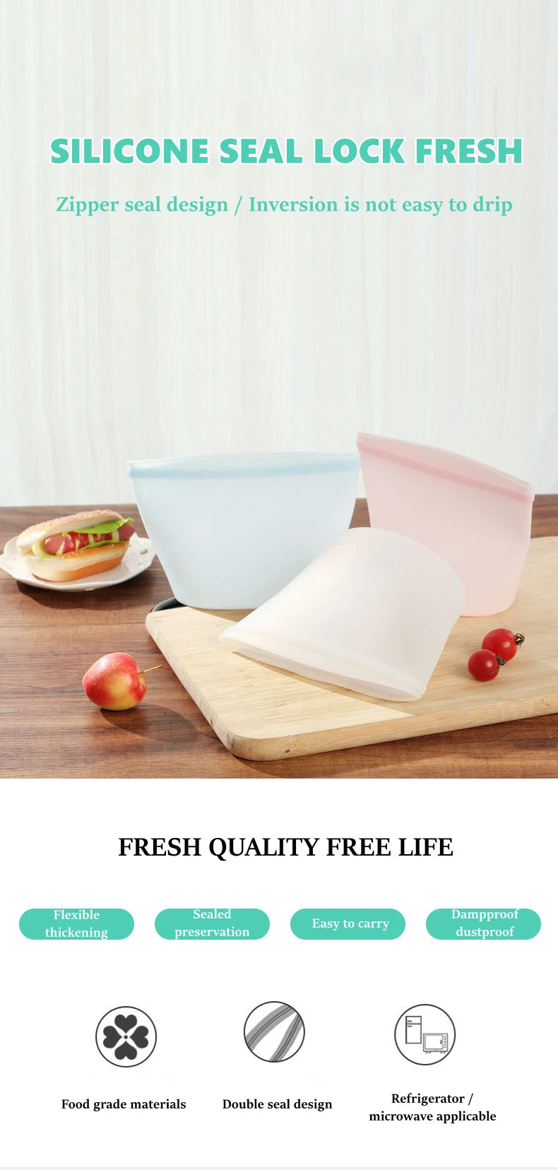 Reusable Silicone Food Storage Bags | Double Gauge Zipper Leakproof | High Temperature Resistant, Flexible & Non-Cracking | 500ml/1000ml | Eco-Friendly Fresh-keeping Bags for Kitchen Storage