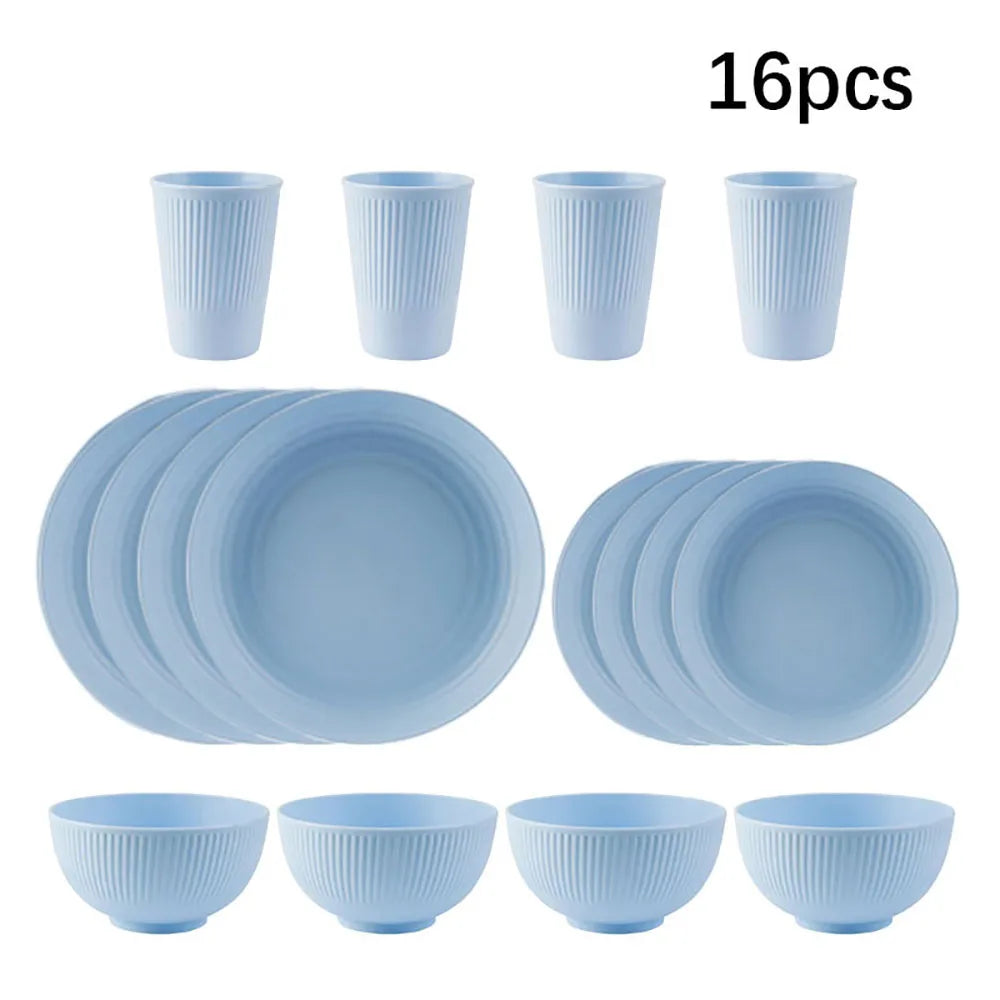 Grey Wheat Straw Dinnerware Set | Eco-Friendly 4Pcs/16Pcs Bowl, Cup, and Dish Set | Portable Tableware Kits for Home, Party, Picnic & Camping | Sustainable Dining