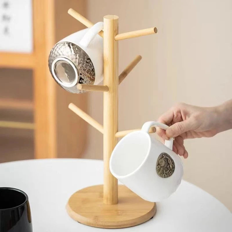 Bamboo Mug Holder Stand | 3-Tier Tree-Shaped Cup Rack with 6 Hooks | Eco-Friendly Coffee & Tea Cup Storage