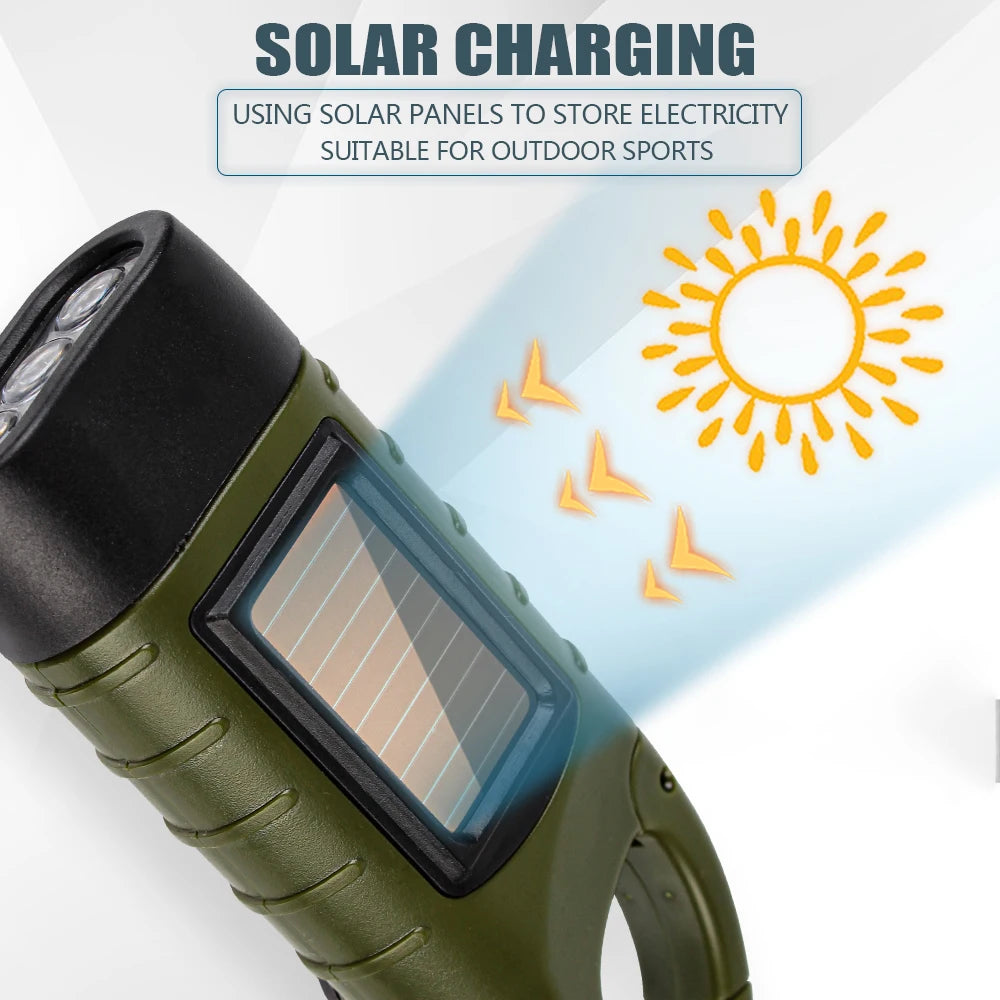 LED Hand Crank Flashlight – 1000 Lumens, Solar & Manual Charging, Waterproof, Self-Defense & Shock-Resistant, 200-500m Lighting Distance