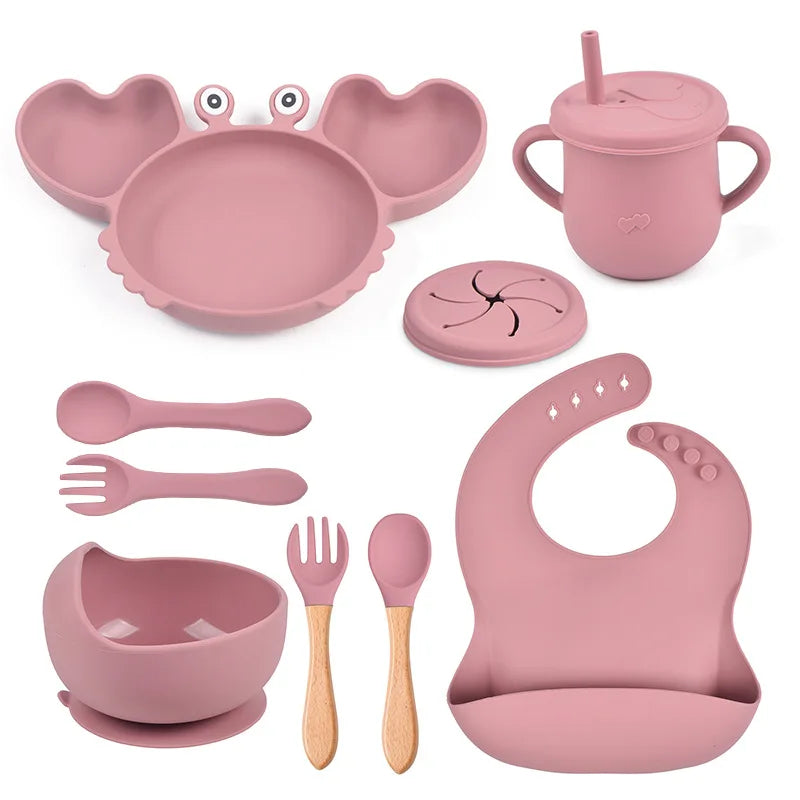 9-Piece Baby Silicone Feeding Set | BPA-Free Non-Slip Suction Bowl & Plate | Waterproof Bib & Cup