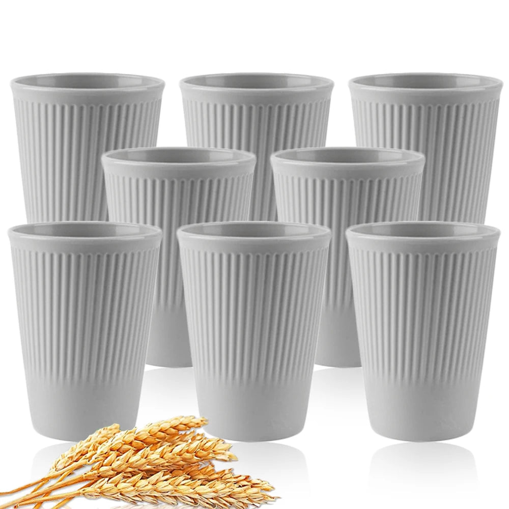 8Pcs Wheat Straw Coffee & Water Cups – Eco-Friendly Reusable Plastic Mugs for Home & Travel