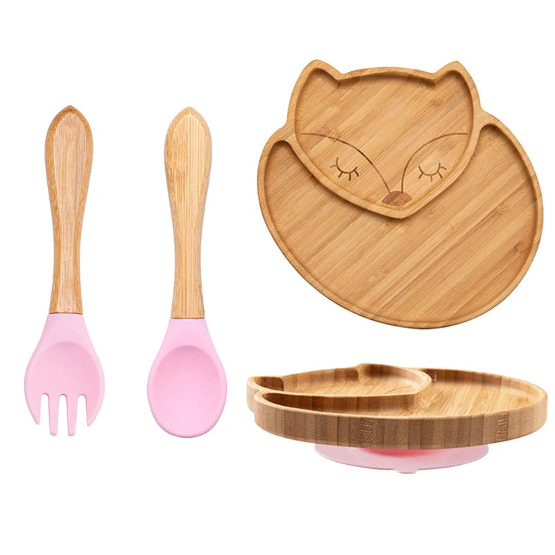 Eco-Friendly Baby Bamboo Plate Set | Non-Slip Suction | Cute Cartoon Design for Self-Feeding