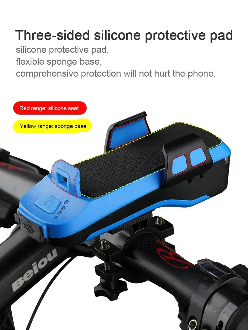 4-in-1 Solar Bike Light – Phone Holder, 130dB Horn, Power Bank & Waterproof LED Headlight