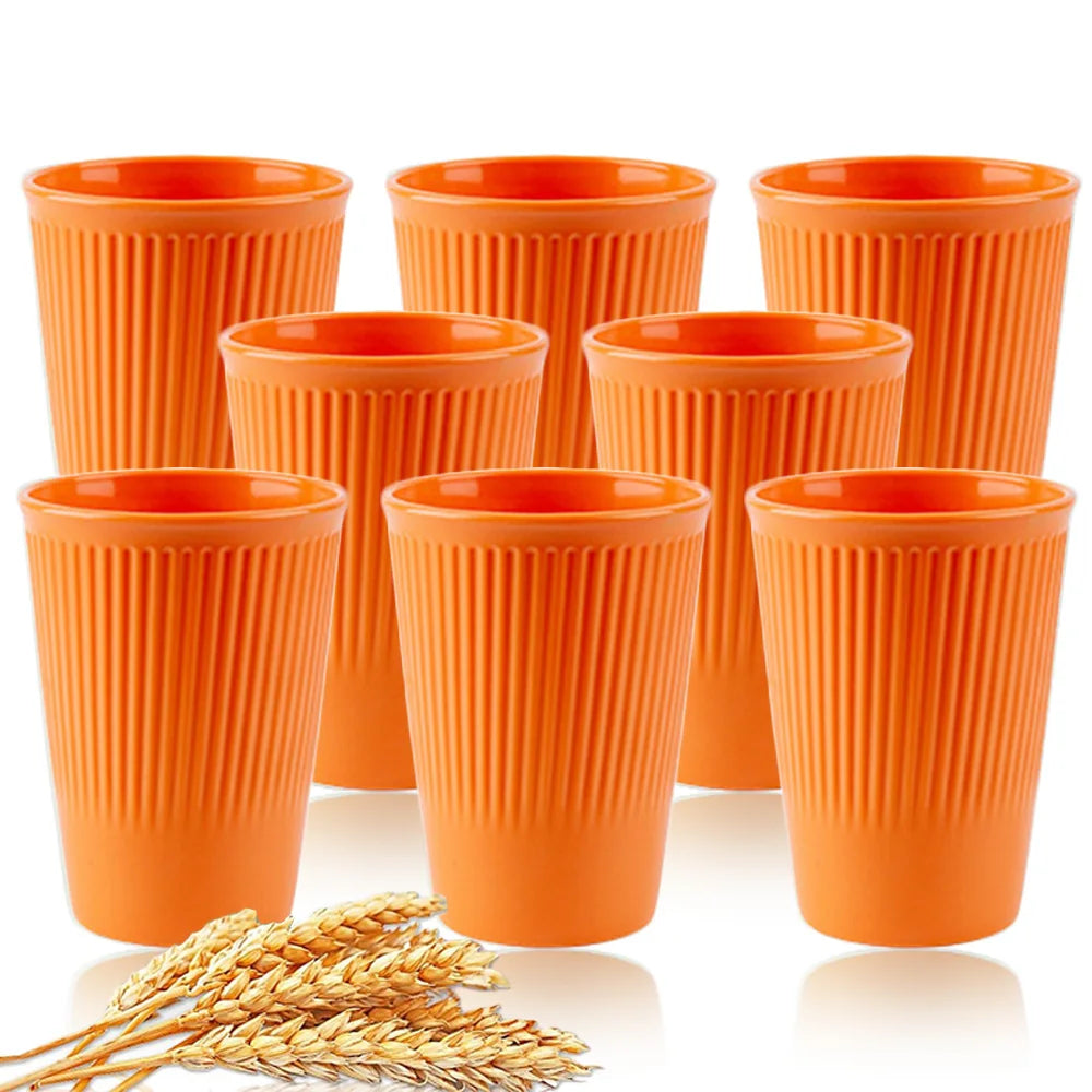 8Pcs Wheat Straw Coffee & Water Cups – Eco-Friendly Reusable Plastic Mugs for Home & Travel