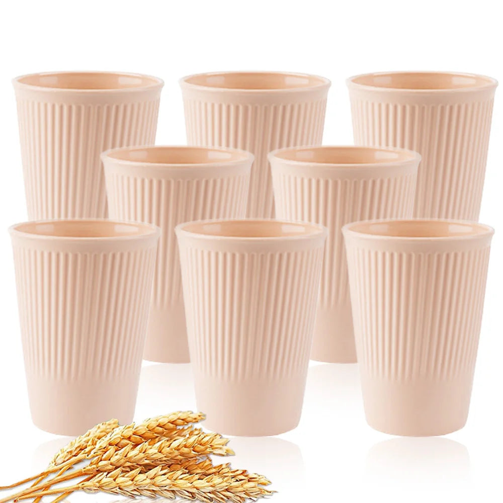 8Pcs Wheat Straw Coffee & Water Cups – Eco-Friendly Reusable Plastic Mugs for Home & Travel