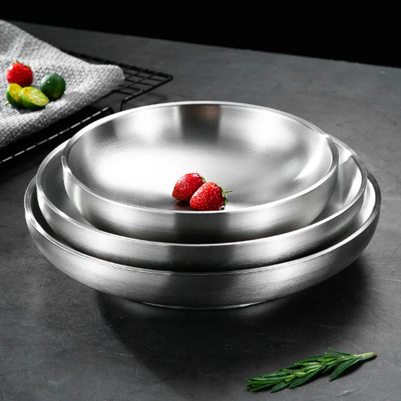 Eco-Friendly 304 Stainless Steel Double Layer Dishes Tray | Anti-Scalding Steak Plate | Fruit Plate & Tableware